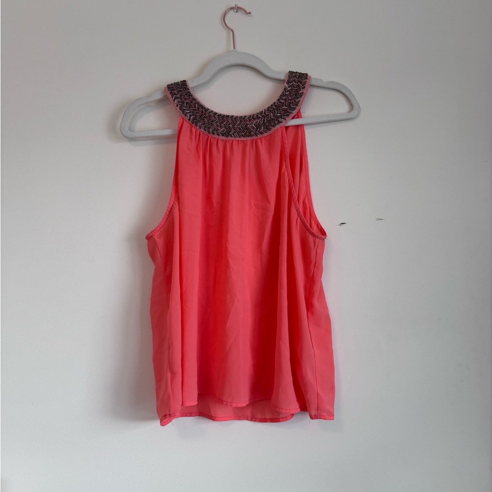 coral halter top with gold beaded collar